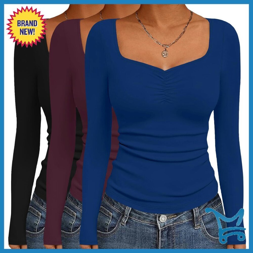 3 Pack Long Sleeve Sweetheart Neck Fitted Tees Soft Layering Tops